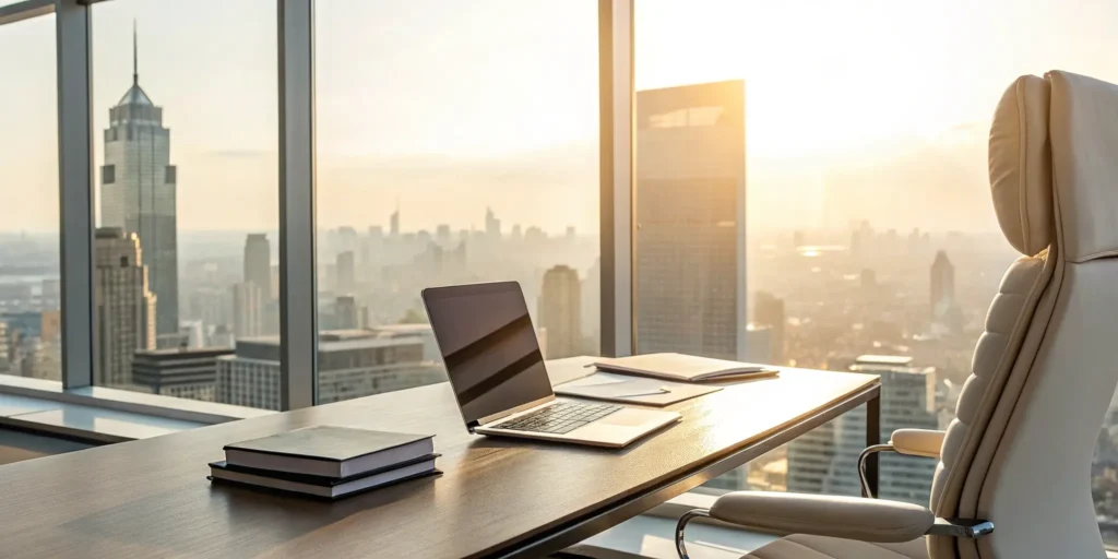 Startup PR agency workspace with city view.