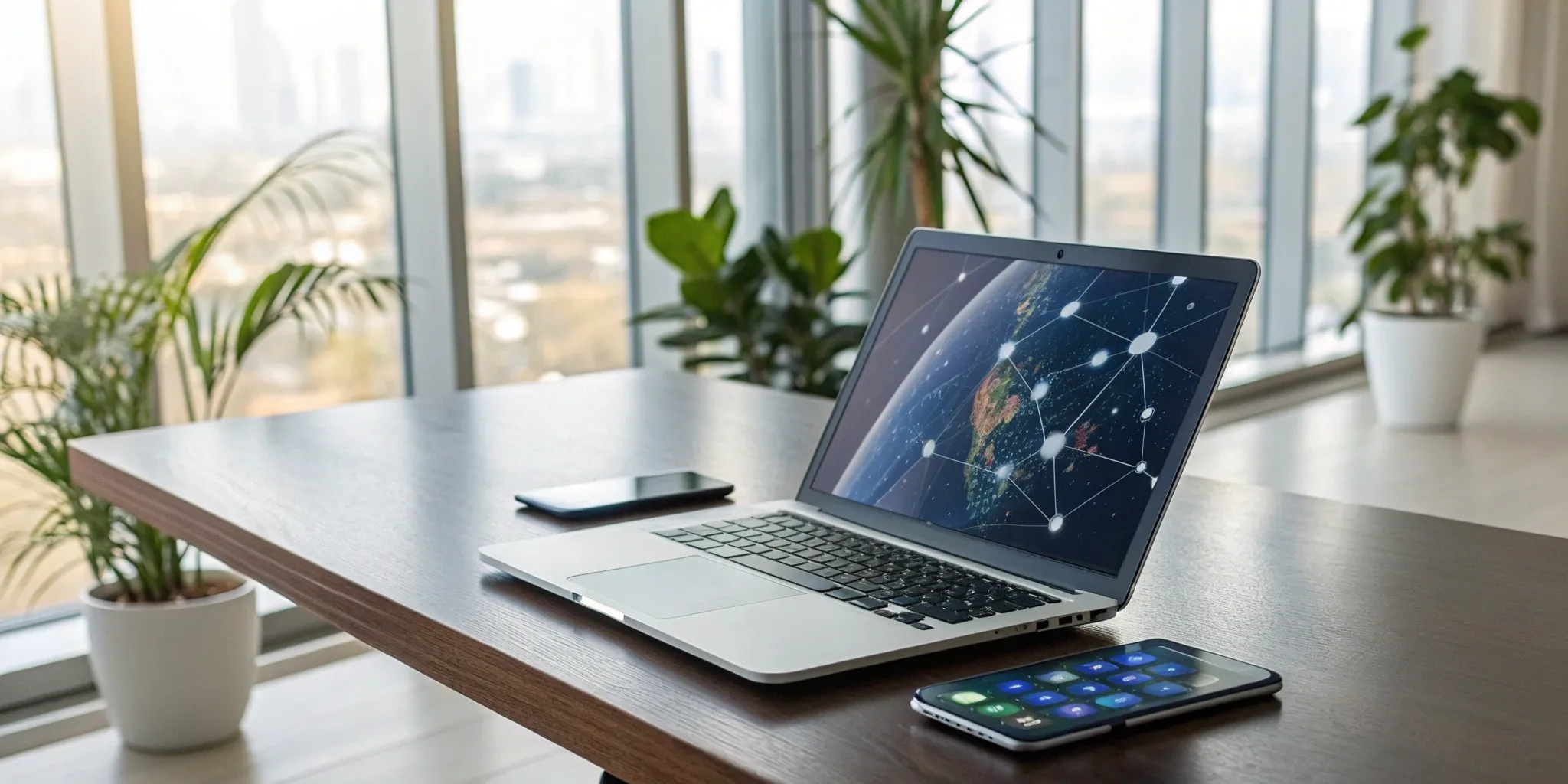 Laptop and smartphone on desk. Online PR tools for digital communication.