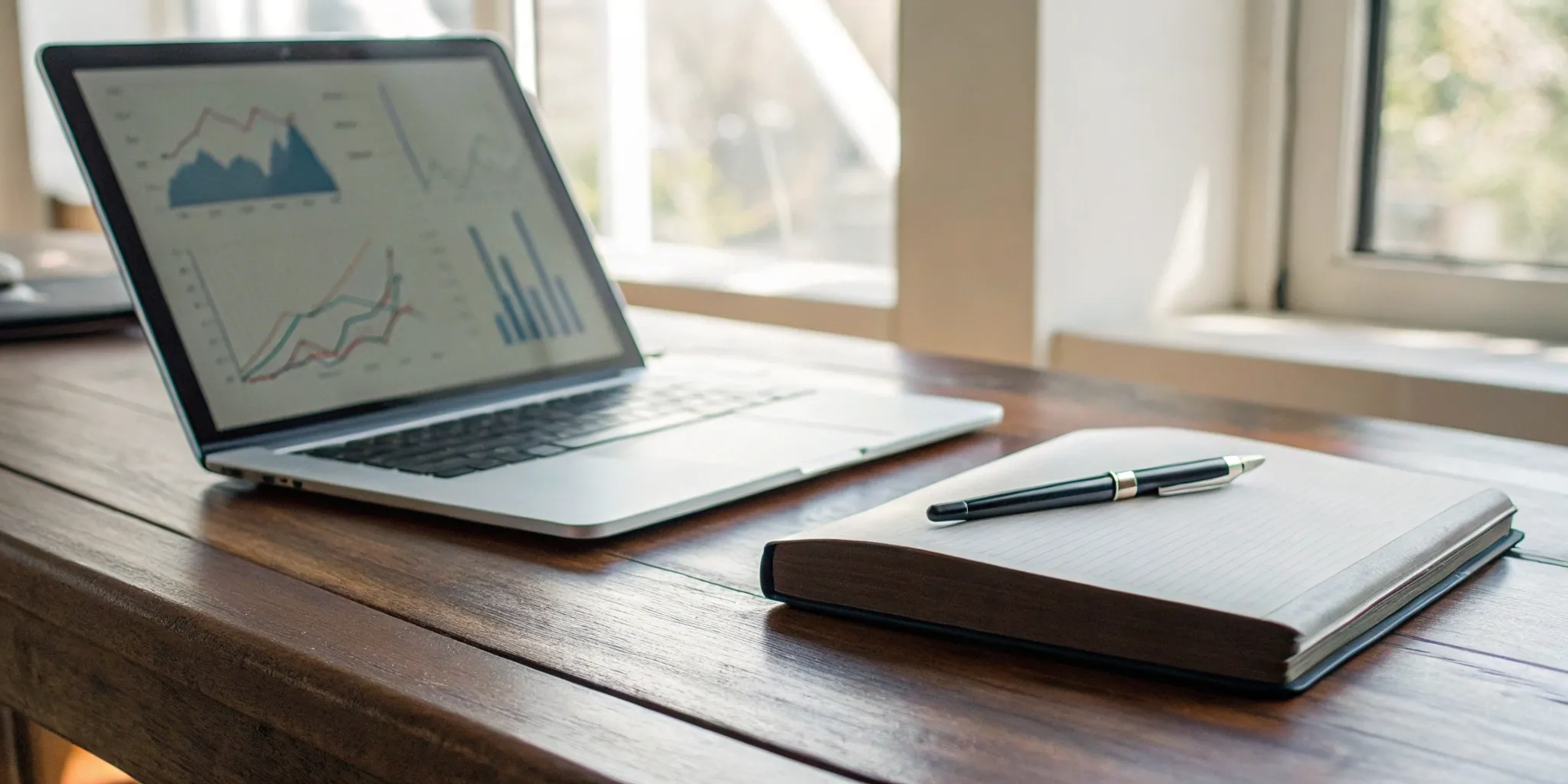 Tech author's workspace with laptop, analytics, and notebook.