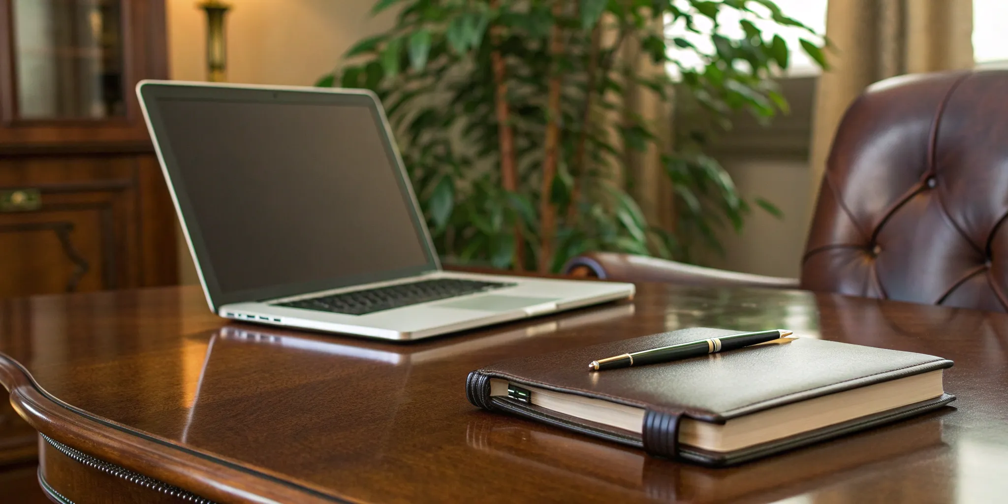 PR agency tools: Laptop, notebook, and pen on desk.