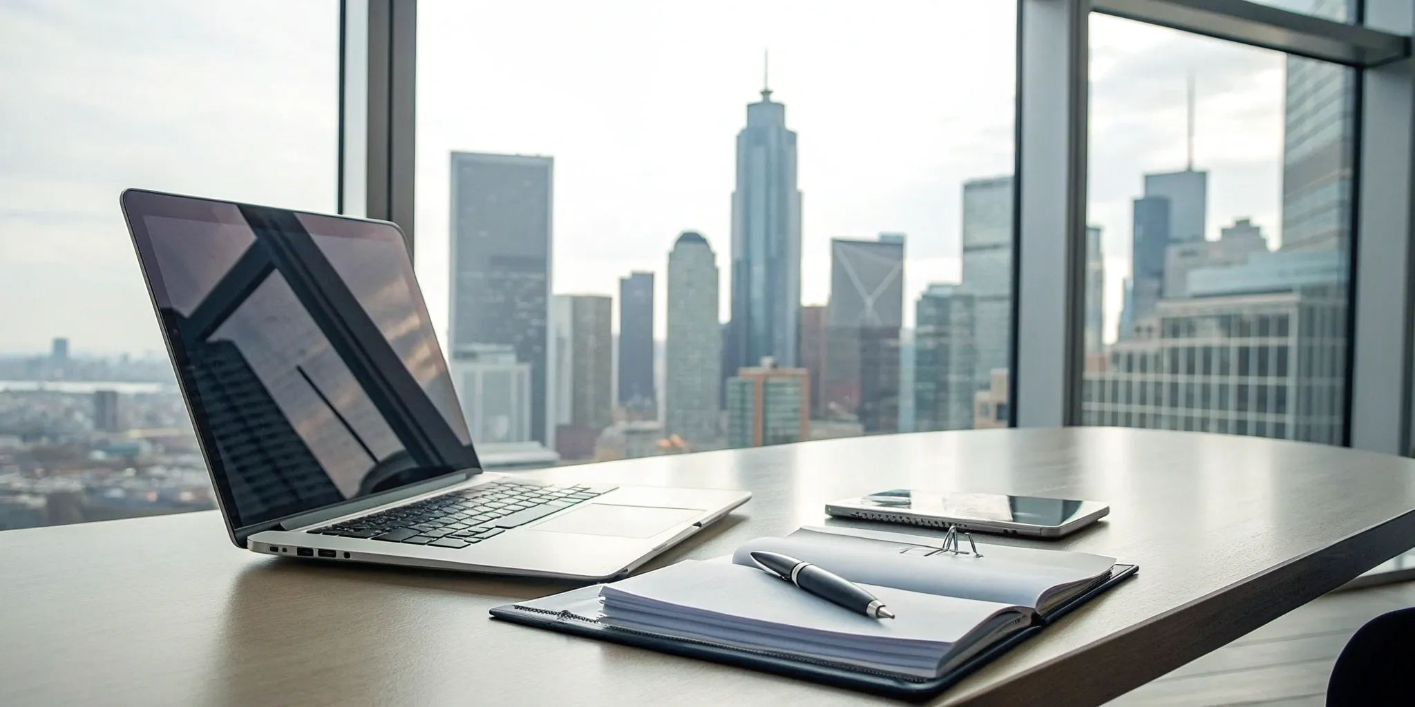 Media relations tools on a desk overlooking a city.