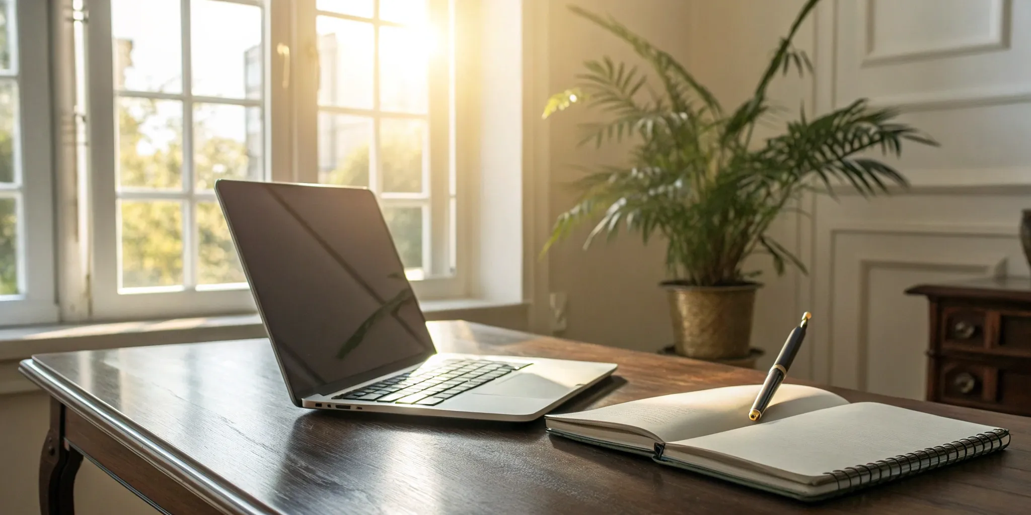Laptop, notebook, and pen on desk. Product PR planning tools.
