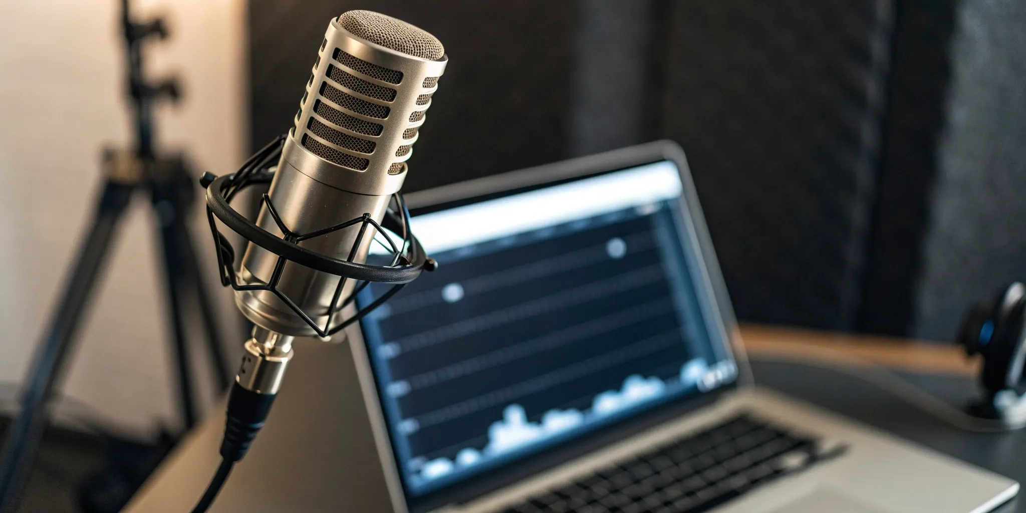 Podcast microphone and laptop setup for marketing services.
