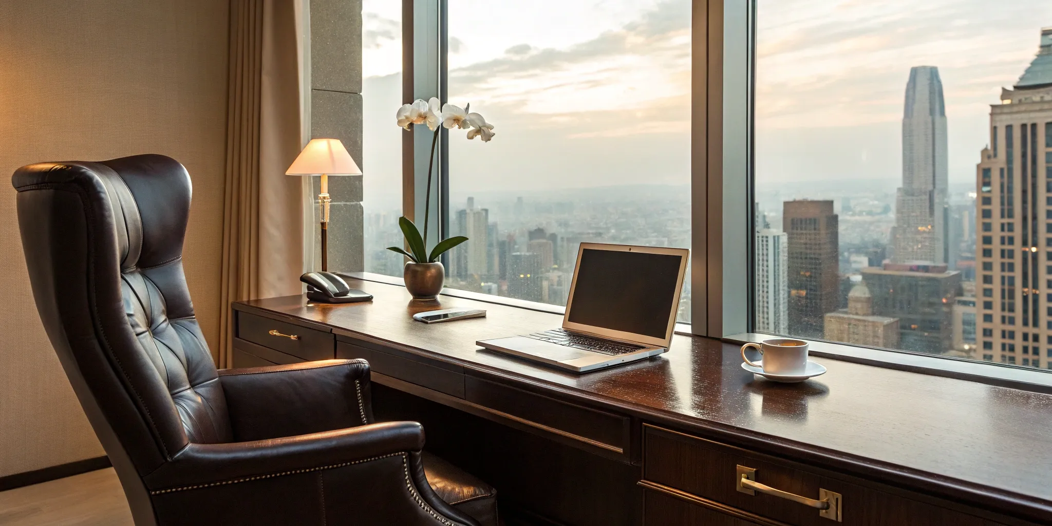 CEO's workspace overlooking the city.