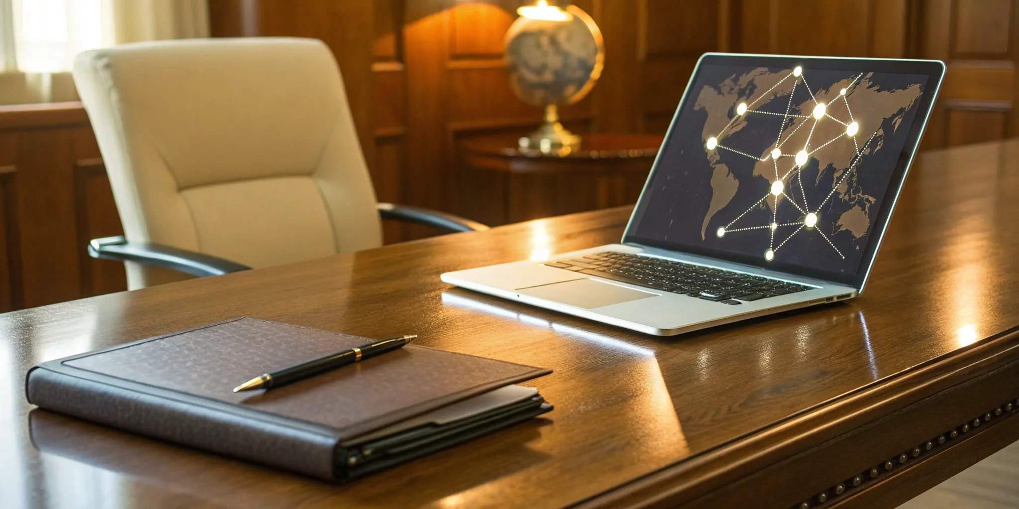 Laptop, notebook, and pen on desk. Leadership PR agency tools.