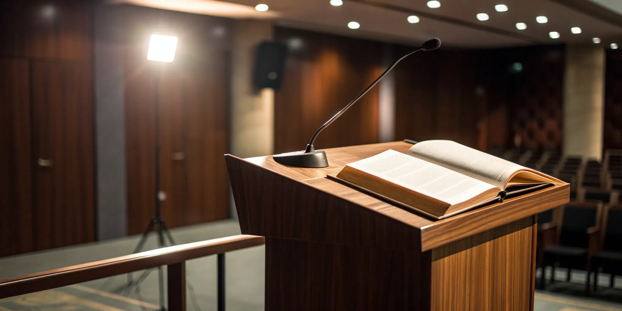 Boutique PR: Podium microphone and open book ready for presentations.