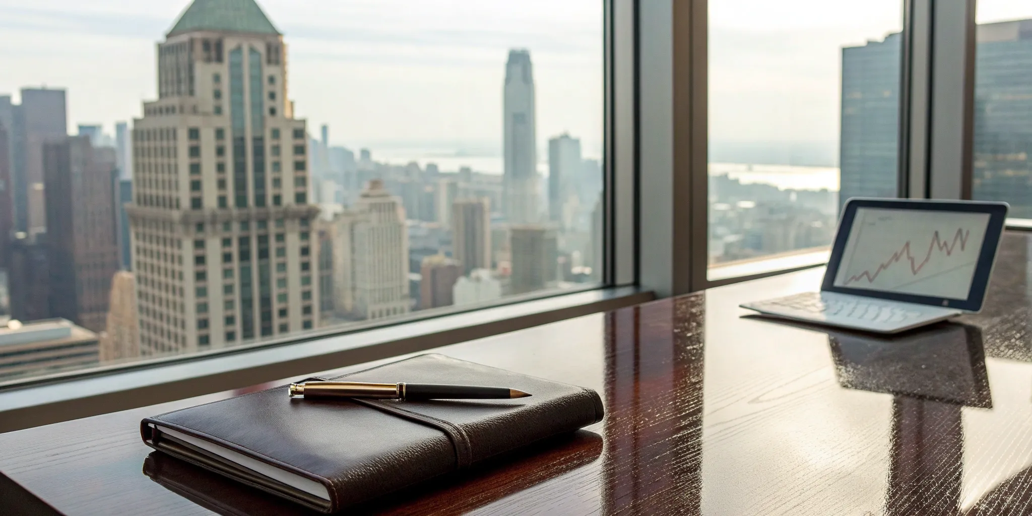 CEO at desk overlooking city, focused on PR growth strategy.