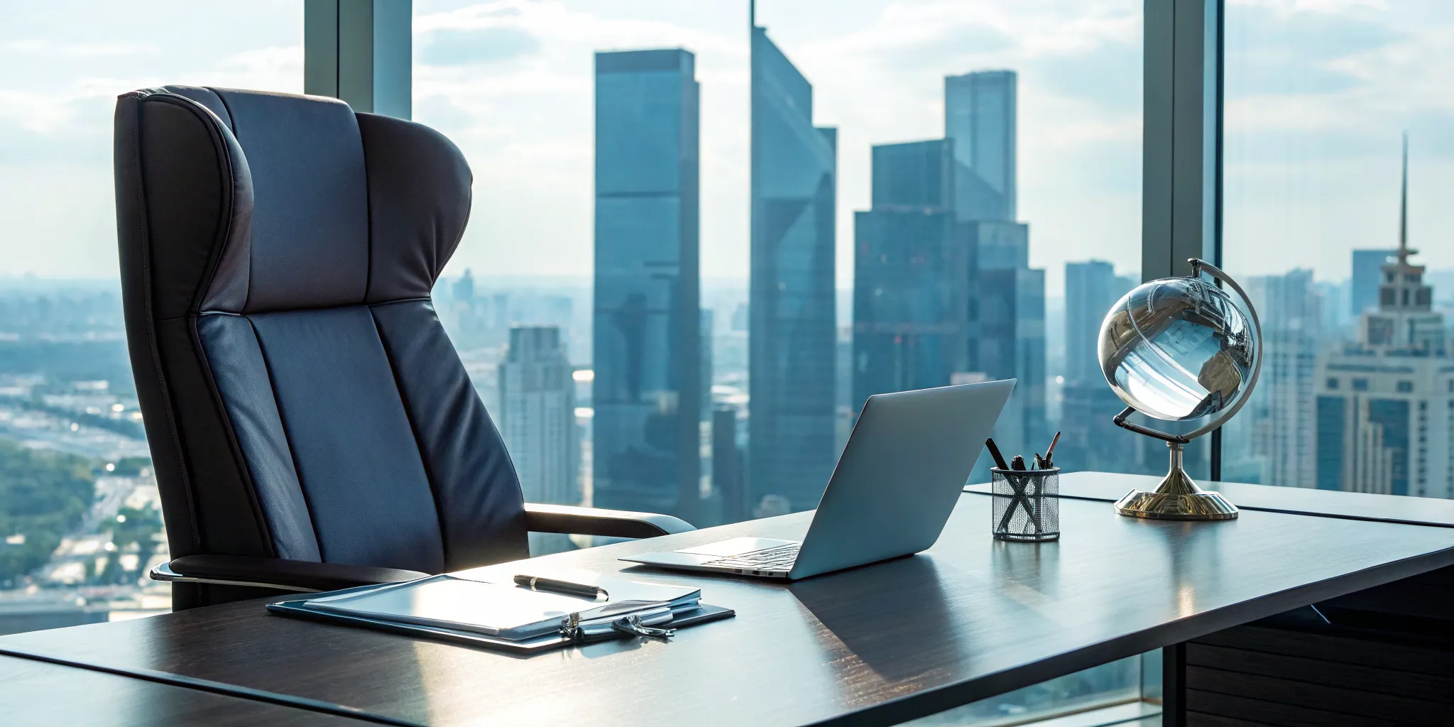 CEO managing reputation at desk overlooking city.