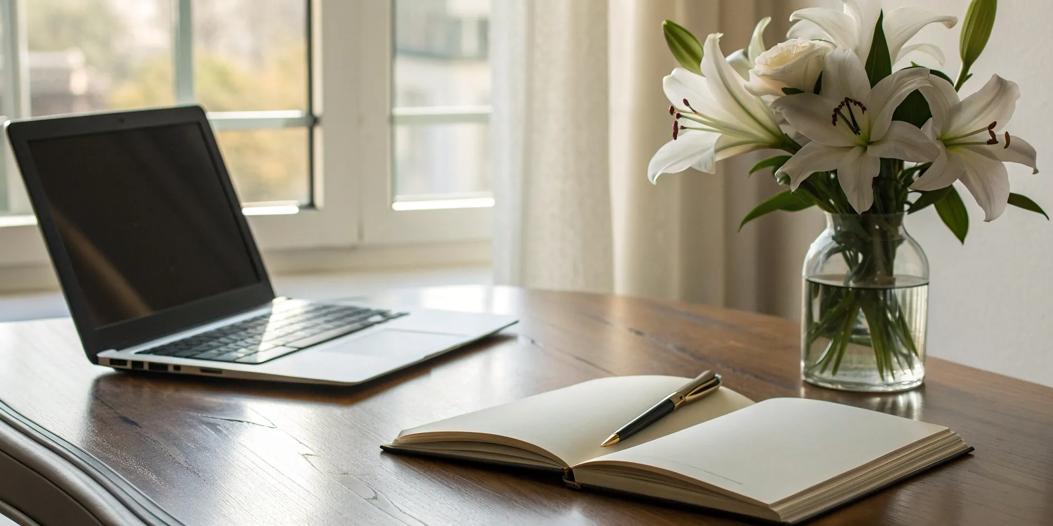 Author's desk with laptop, notebook, and pen, ready for press release writing.