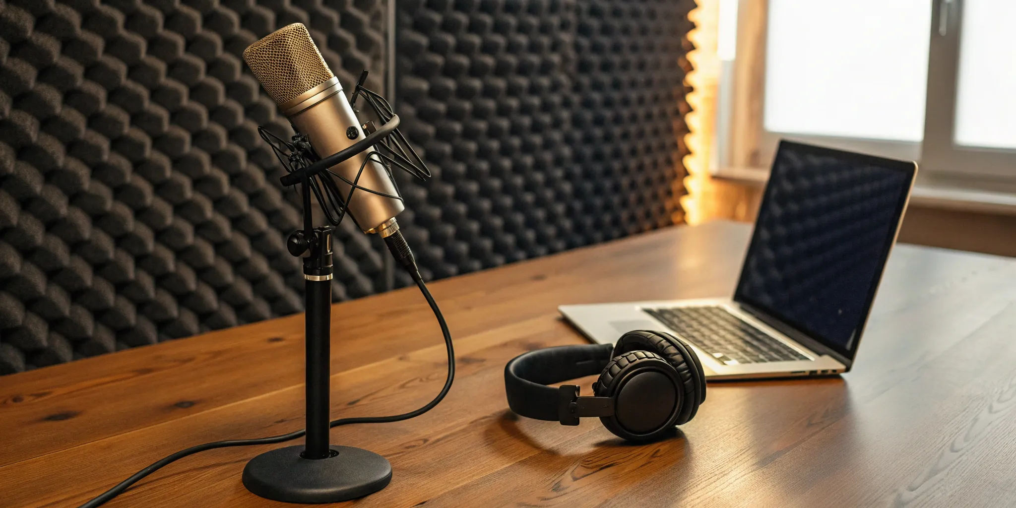 Podcast booking service setup for recording.