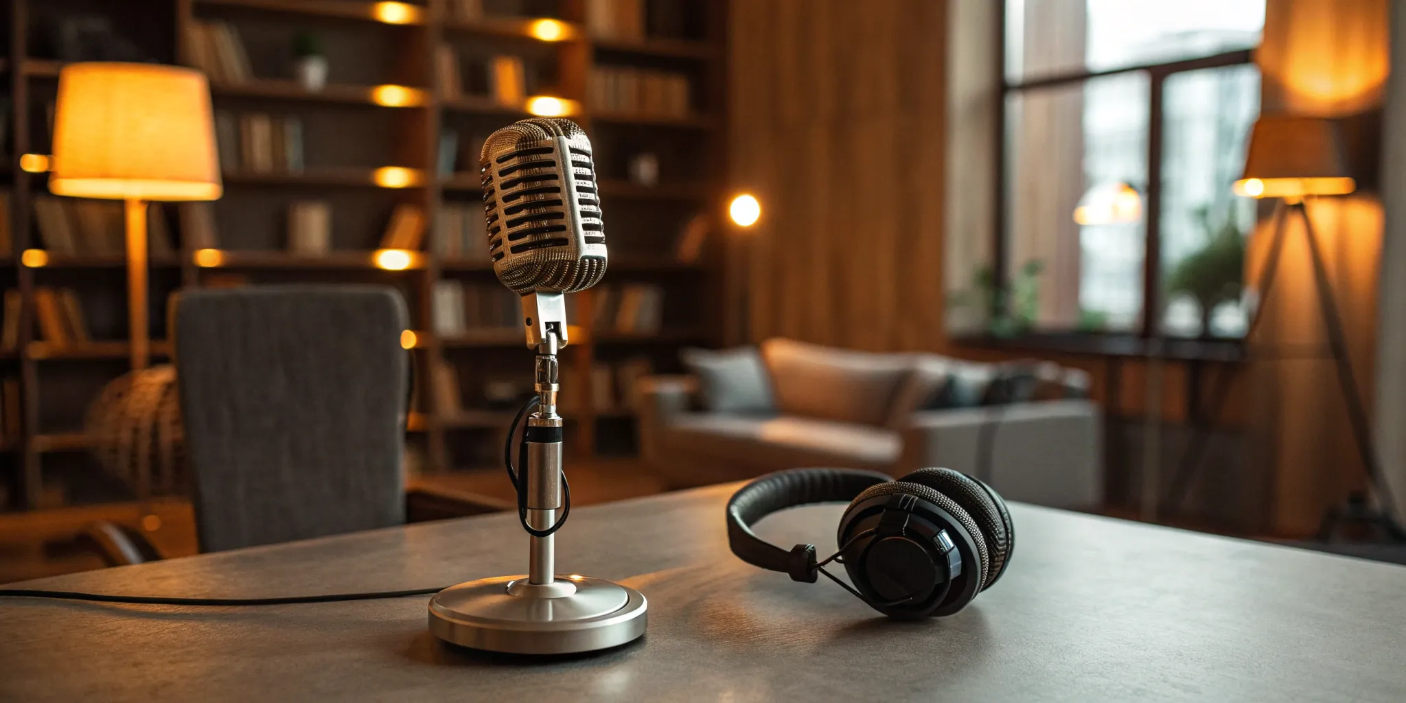 Podcast microphone and headphones ready for outreach and guest booking.