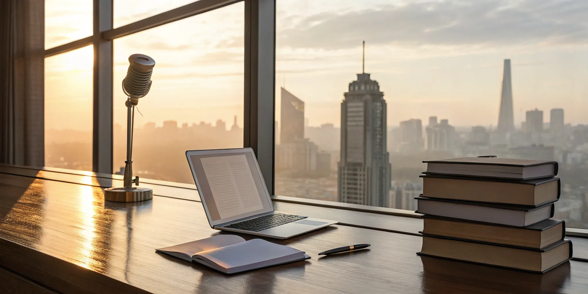 Author's desk with laptop and books at sunrise.