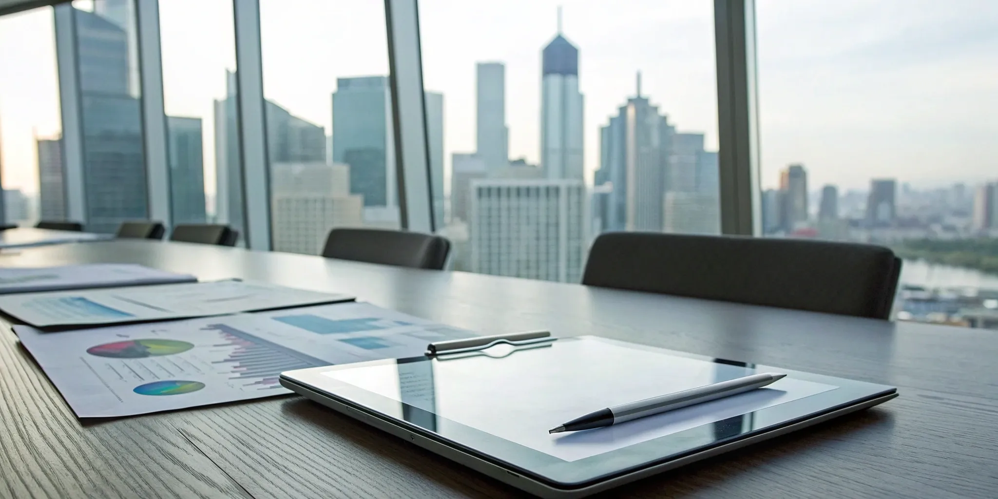 Strategic PR plan charts, pen, and tablet on table.