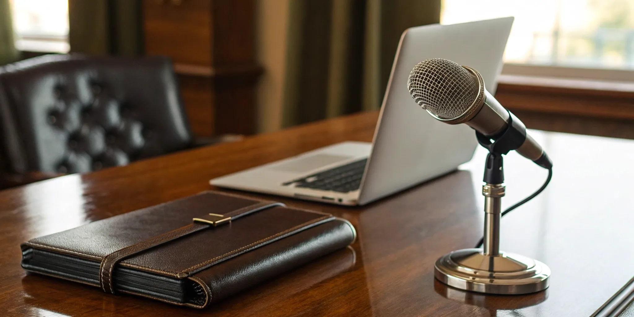 Podcast bookers' tools: Microphone, laptop, and notebook.
