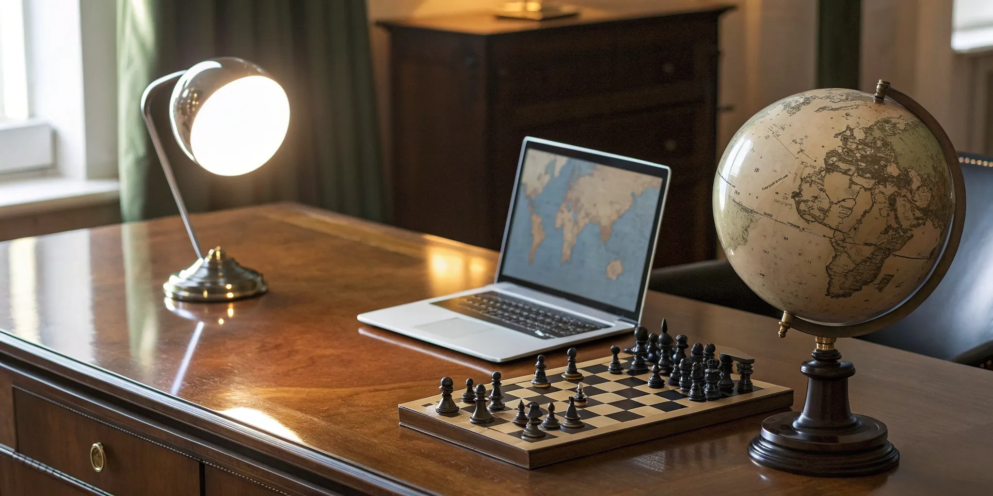 A chessboard and laptop on a desk, a game plan for building effective media relations.