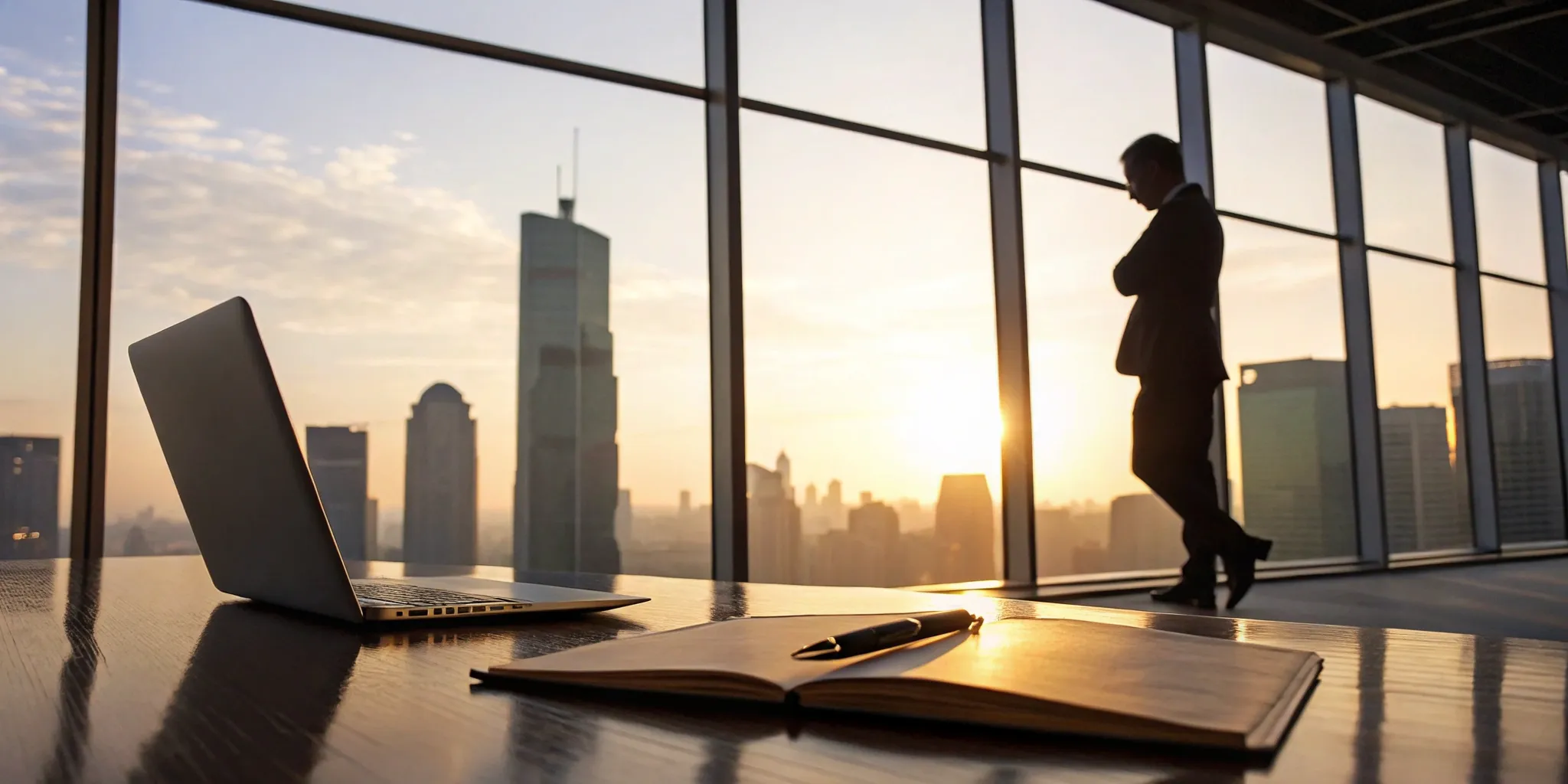 CEO at sunrise with laptop and notebook, planning public relations strategy.
