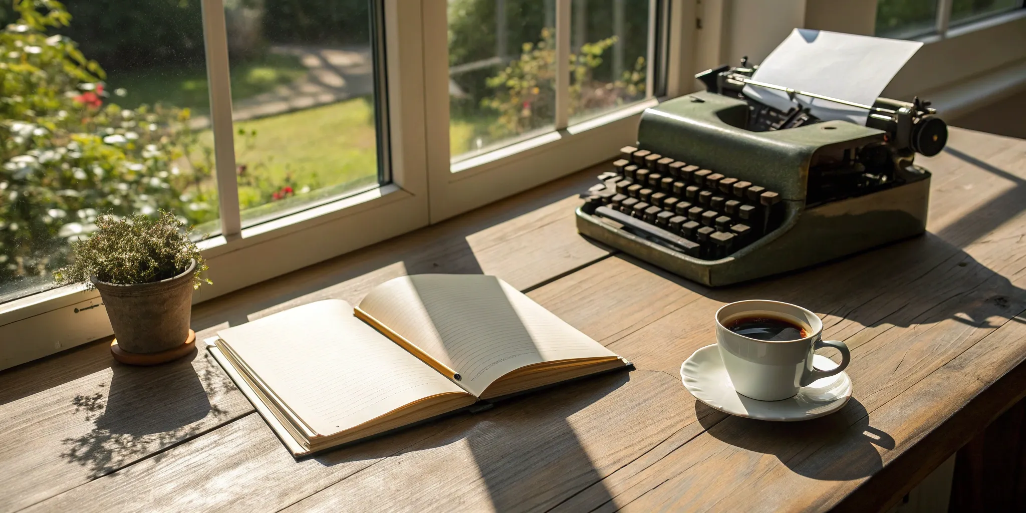 An author's desk with a typewriter and notebook for planning a content marketing strategy.