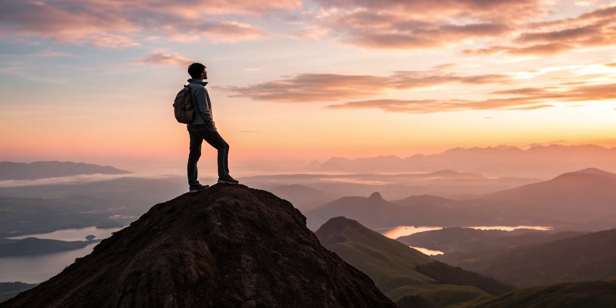 A person at a summit, having built a successful thought leadership model.
