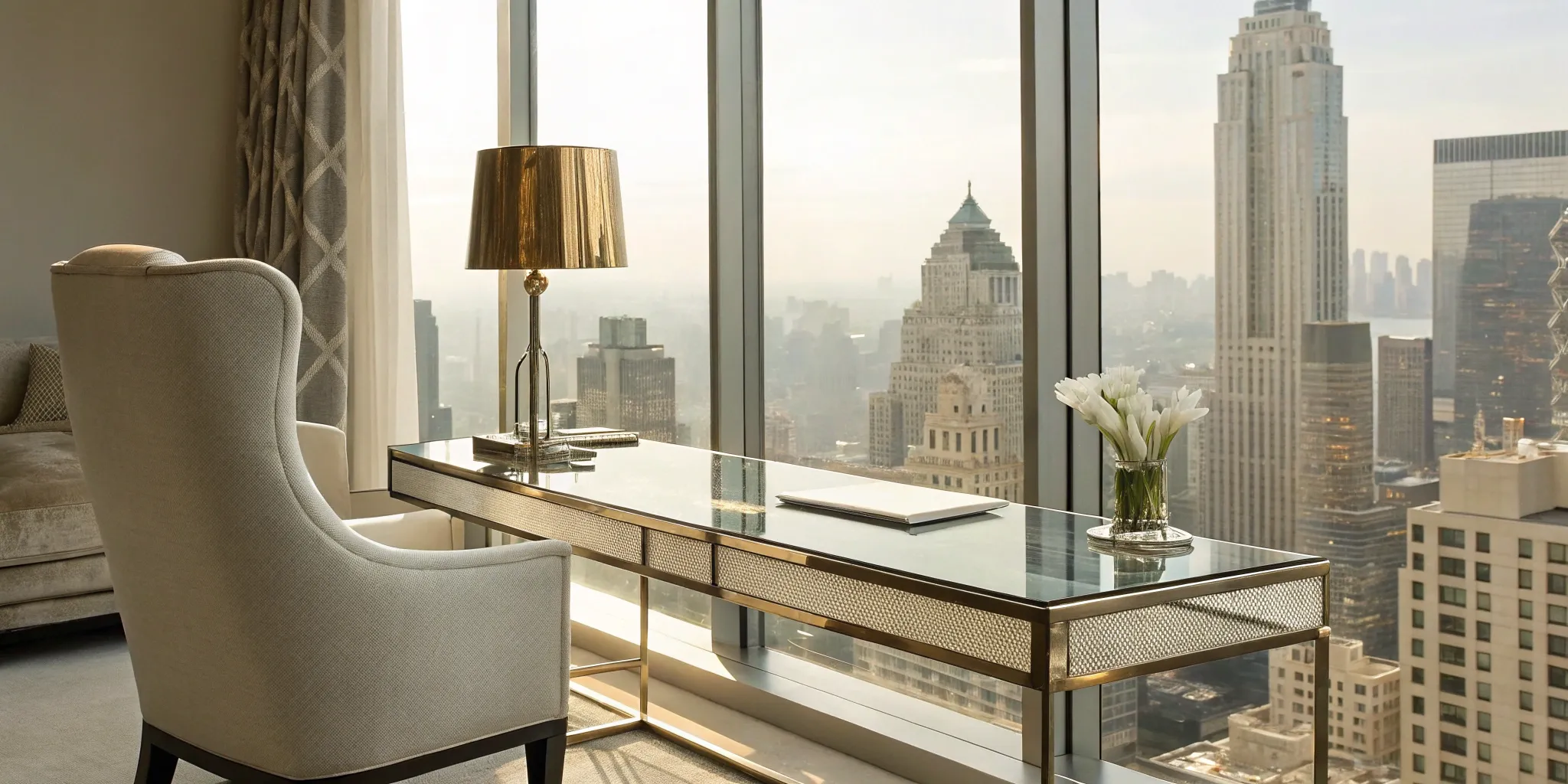 A boutique PR firm's modern office overlooking a city skyline.