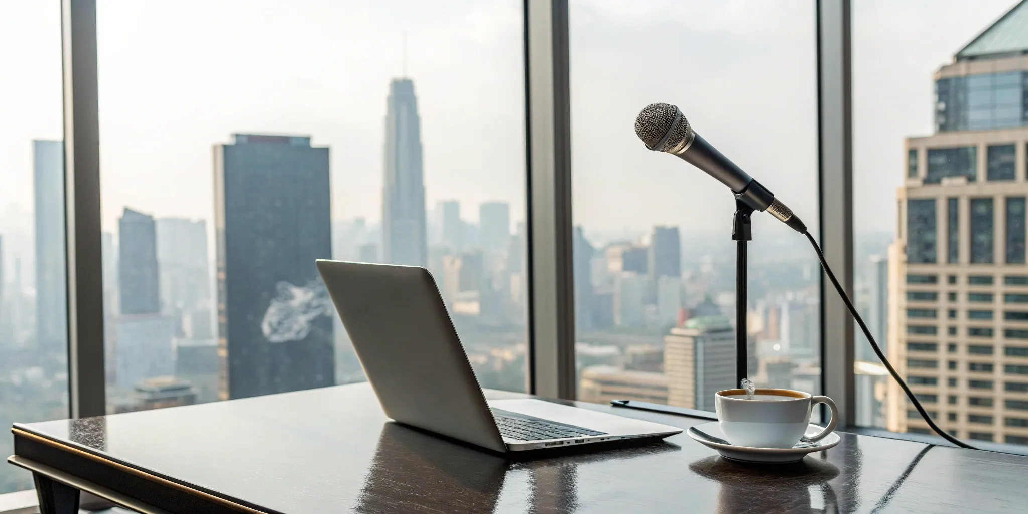 Office desk with a laptop and microphone used to get featured in the media.
