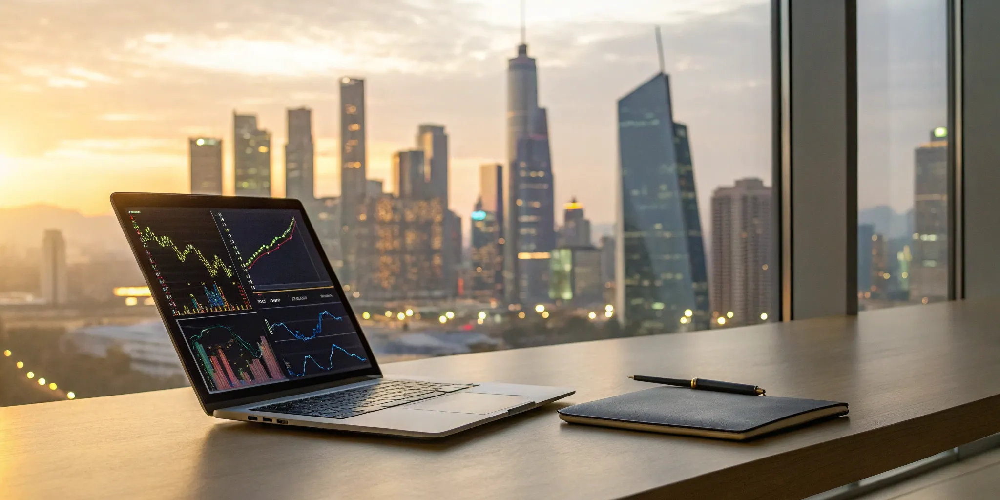 Laptop with performance analytics for an online branding strategy next to a notebook.