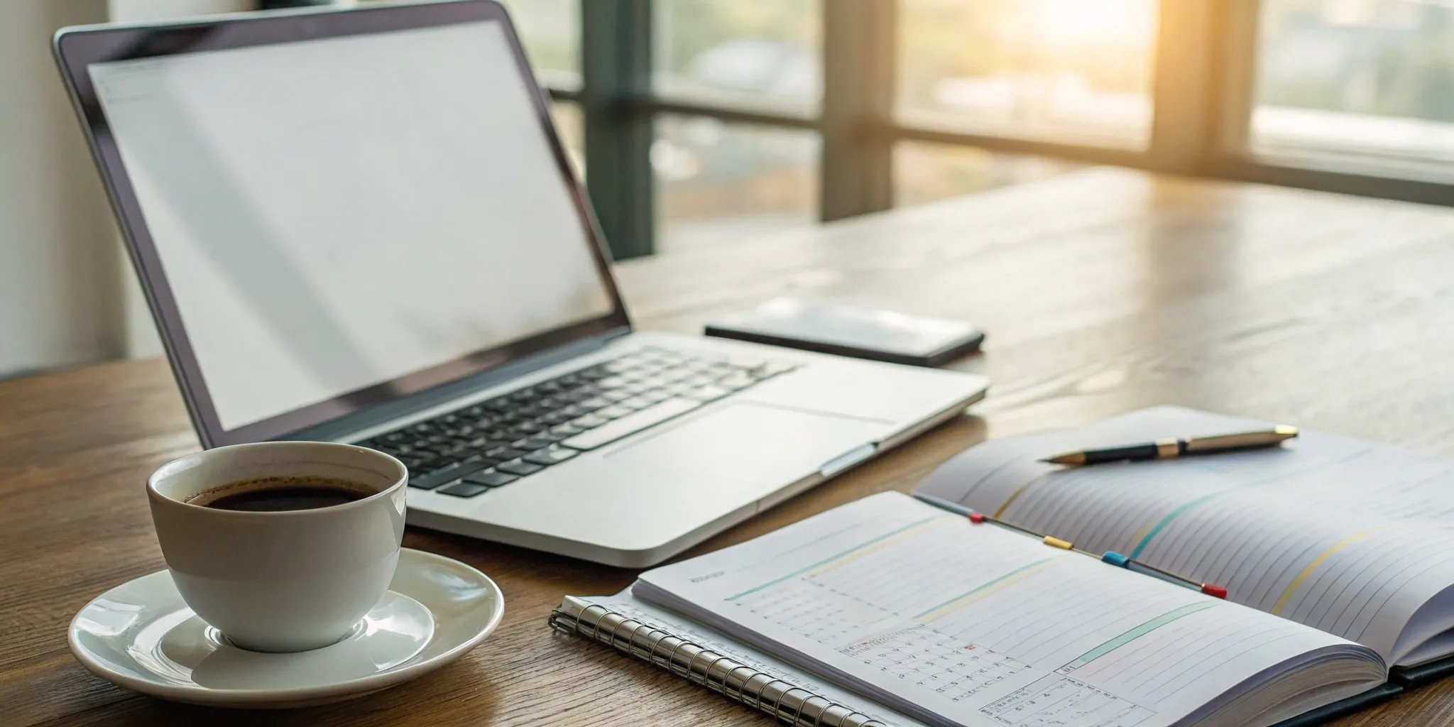 Planning a book publicity campaign with a laptop, planner, and coffee.