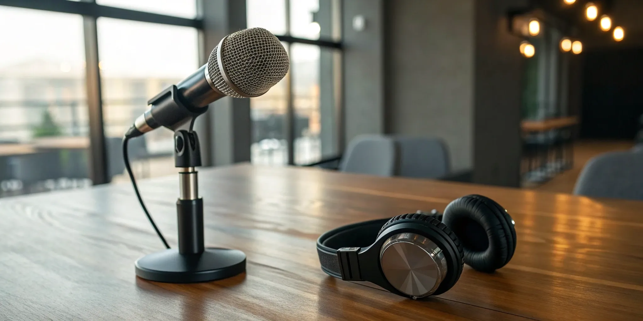 Podcast microphone and headphones ready for a guest interview secured with a winning pitch template.