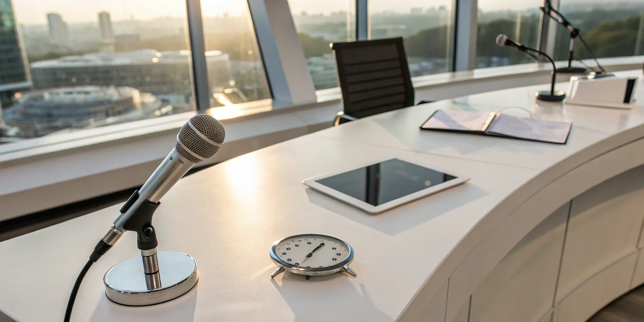 A conference table prepared for a strategy meeting on publicity and media relations.