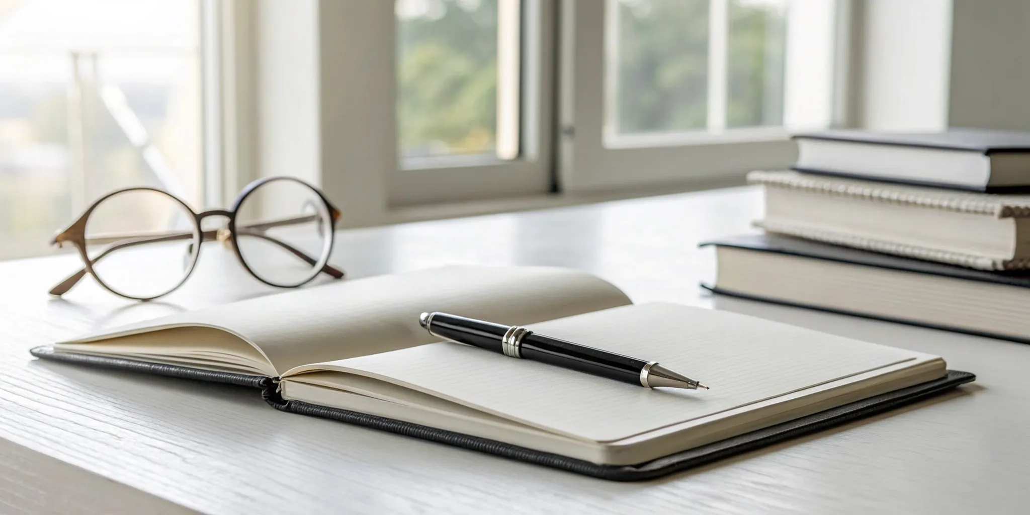 A desk with books and a notebook for planning a strategy with one of the top book publicists.