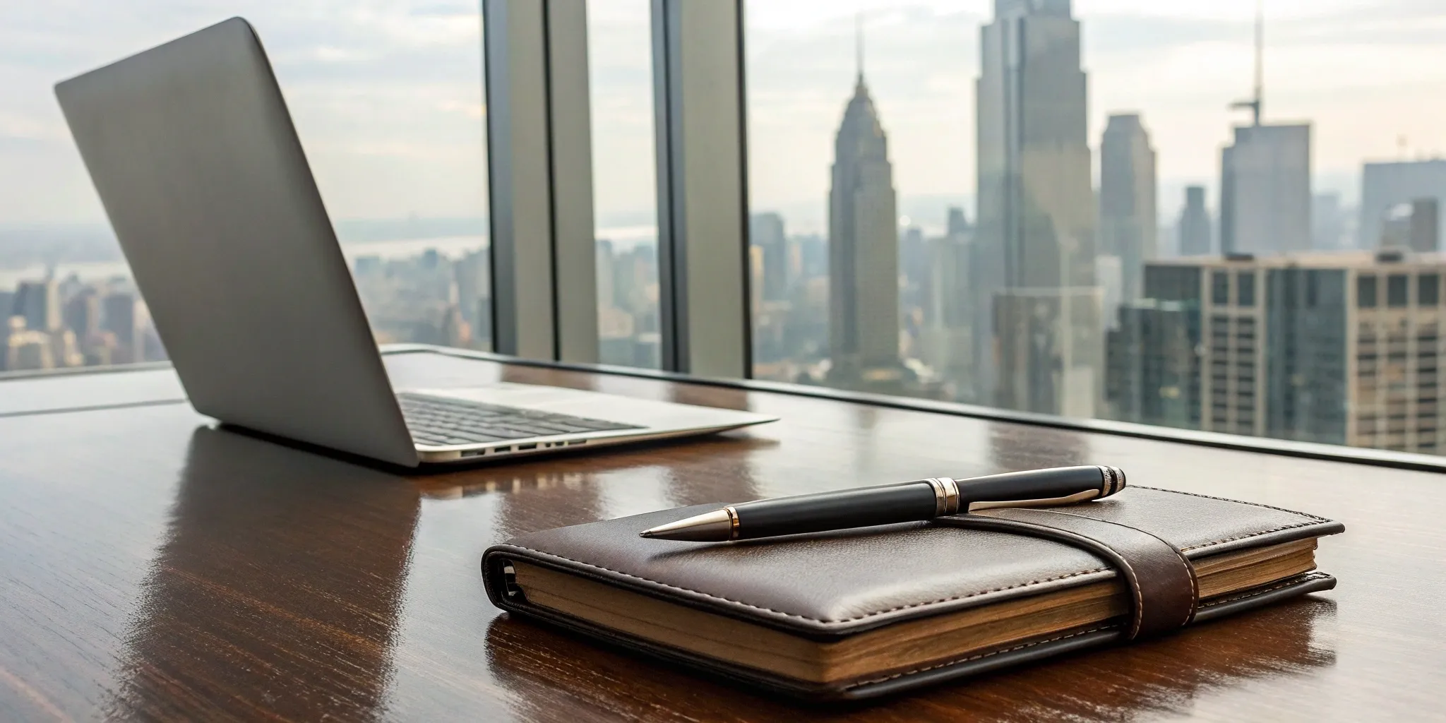A founder researches top public relations firms on a laptop at a desk overlooking the city.