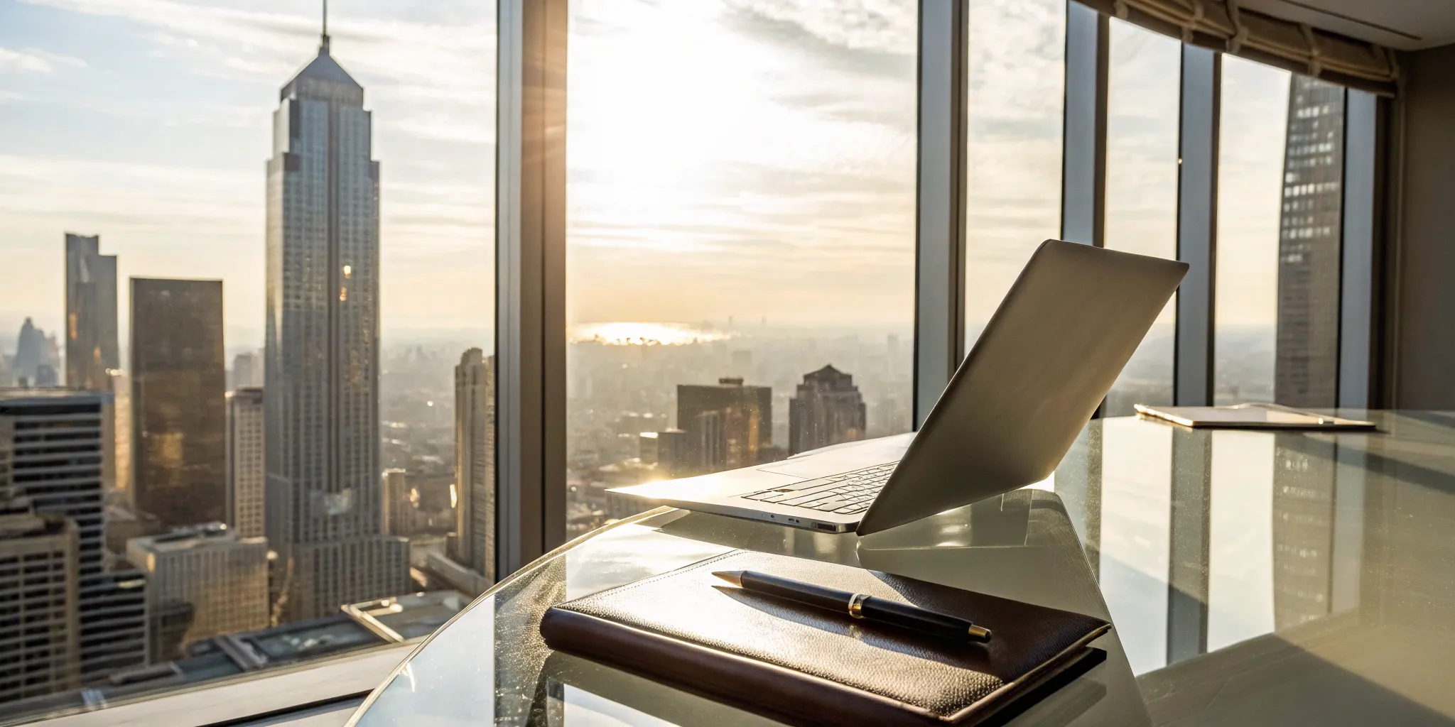 Laptop and notebook on desk overlooking city skyline.