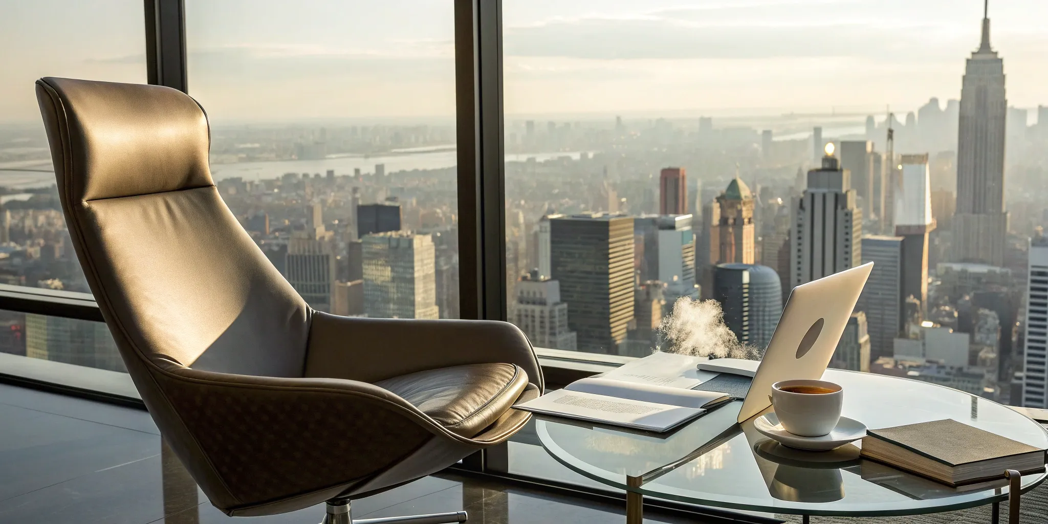 A modern office desk with a laptop and book, set up for an author's publicity work.