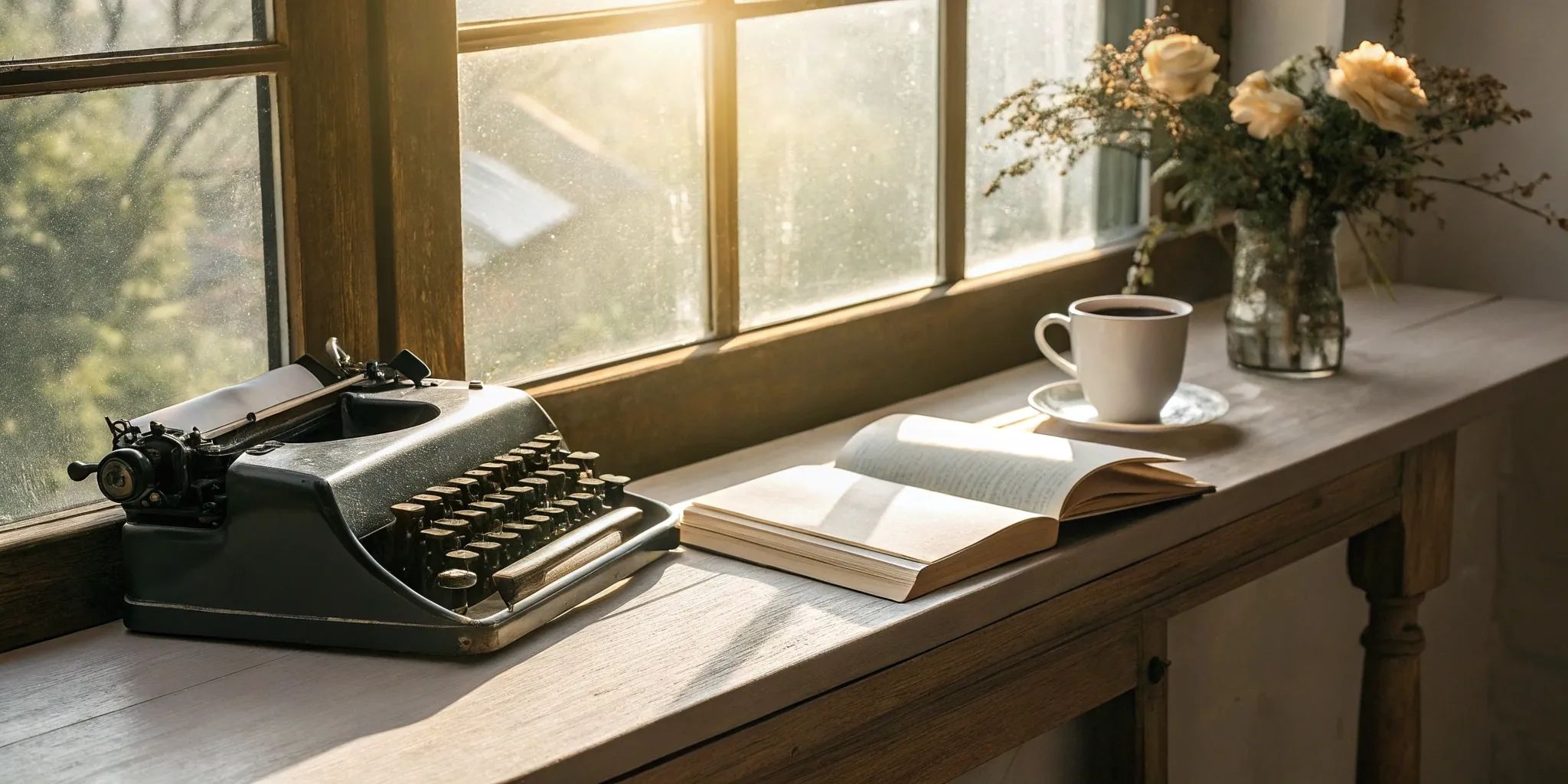 An author's desk with a typewriter and open book for planning a book promotion and marketing strategy.