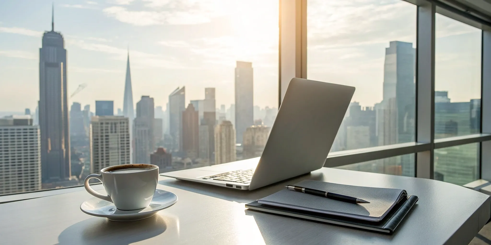 A laptop on a desk overlooking the city, ready for creating a strategic publicity plan.