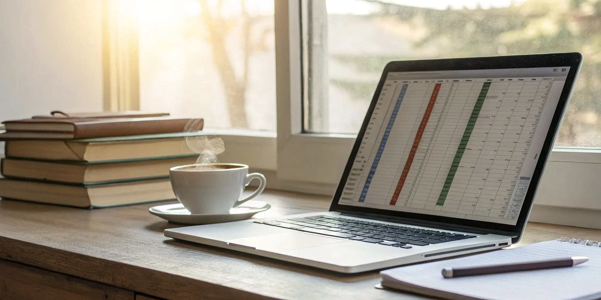 A book marketing expert's desk with a laptop, spreadsheet, and stack of books.