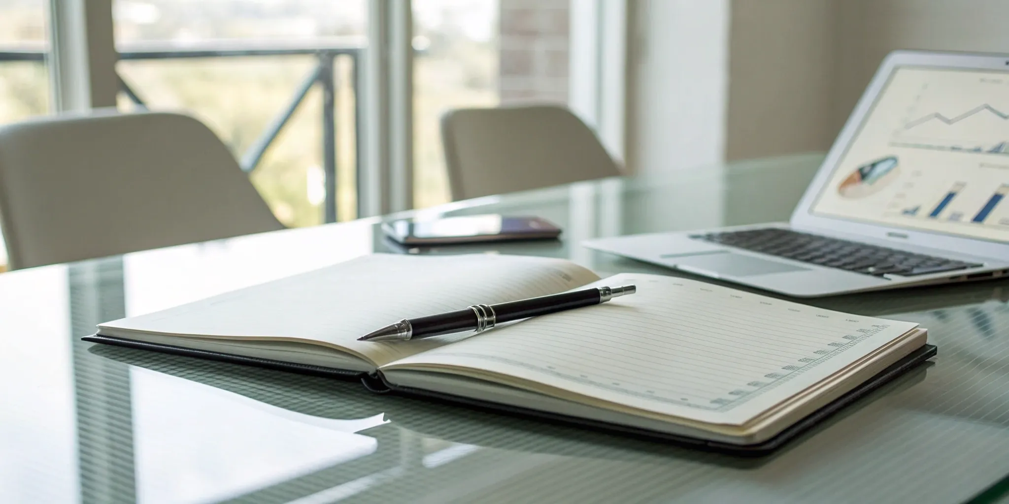 Laptop with data charts and an open notebook for creating a strategic PR plan.