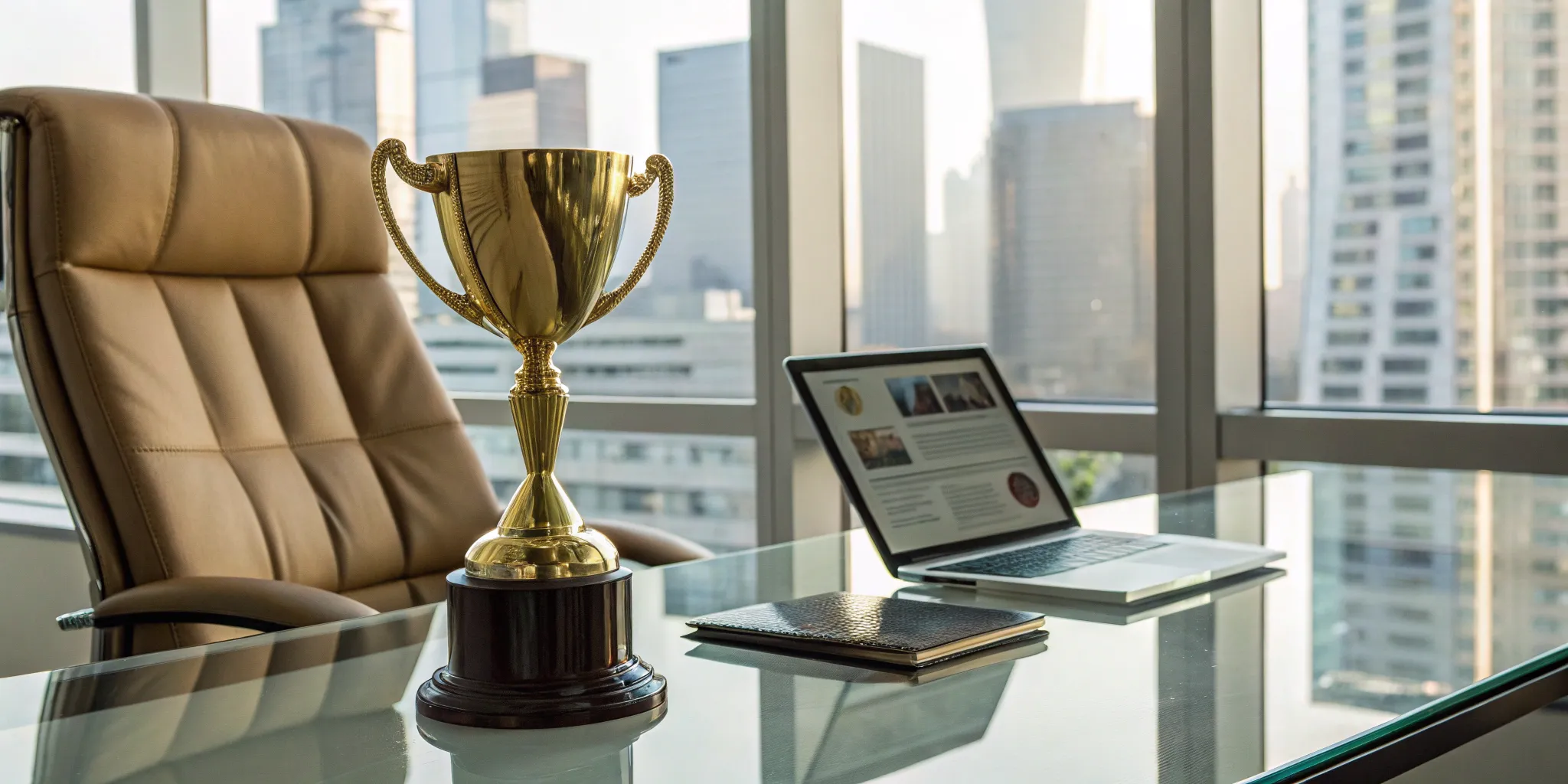 A trophy for a winning public relations campaign on a CEO's desk.