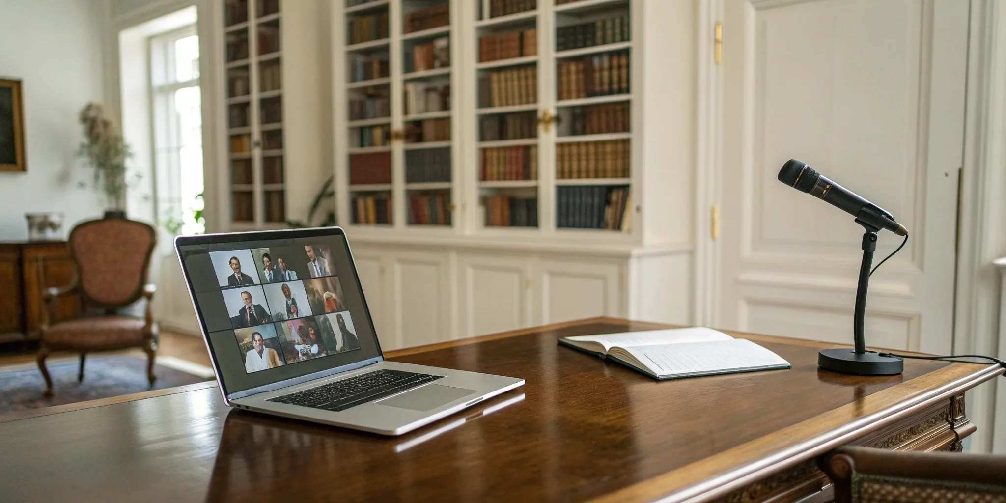 Media training for authors setup with a laptop, microphone, and notebook.
