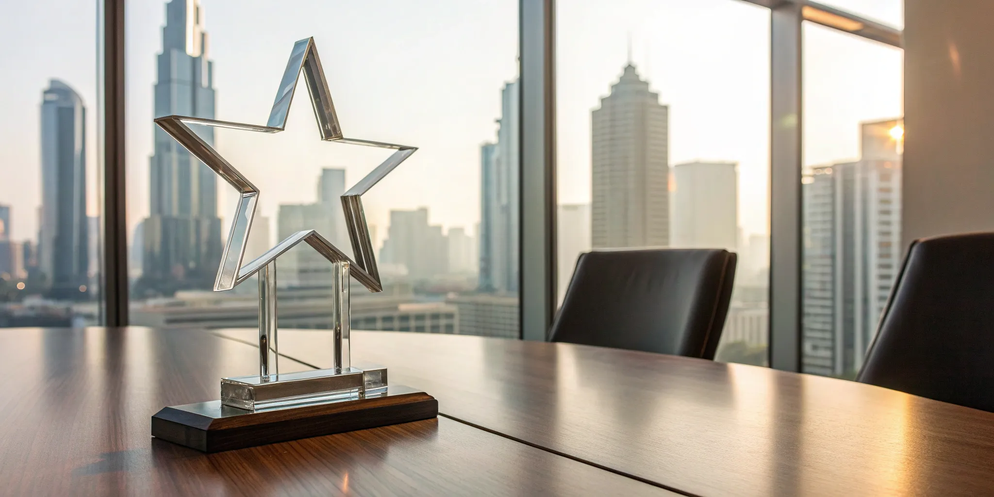 A star-shaped trophy on a conference table recognizing a top award-winning PR firm.