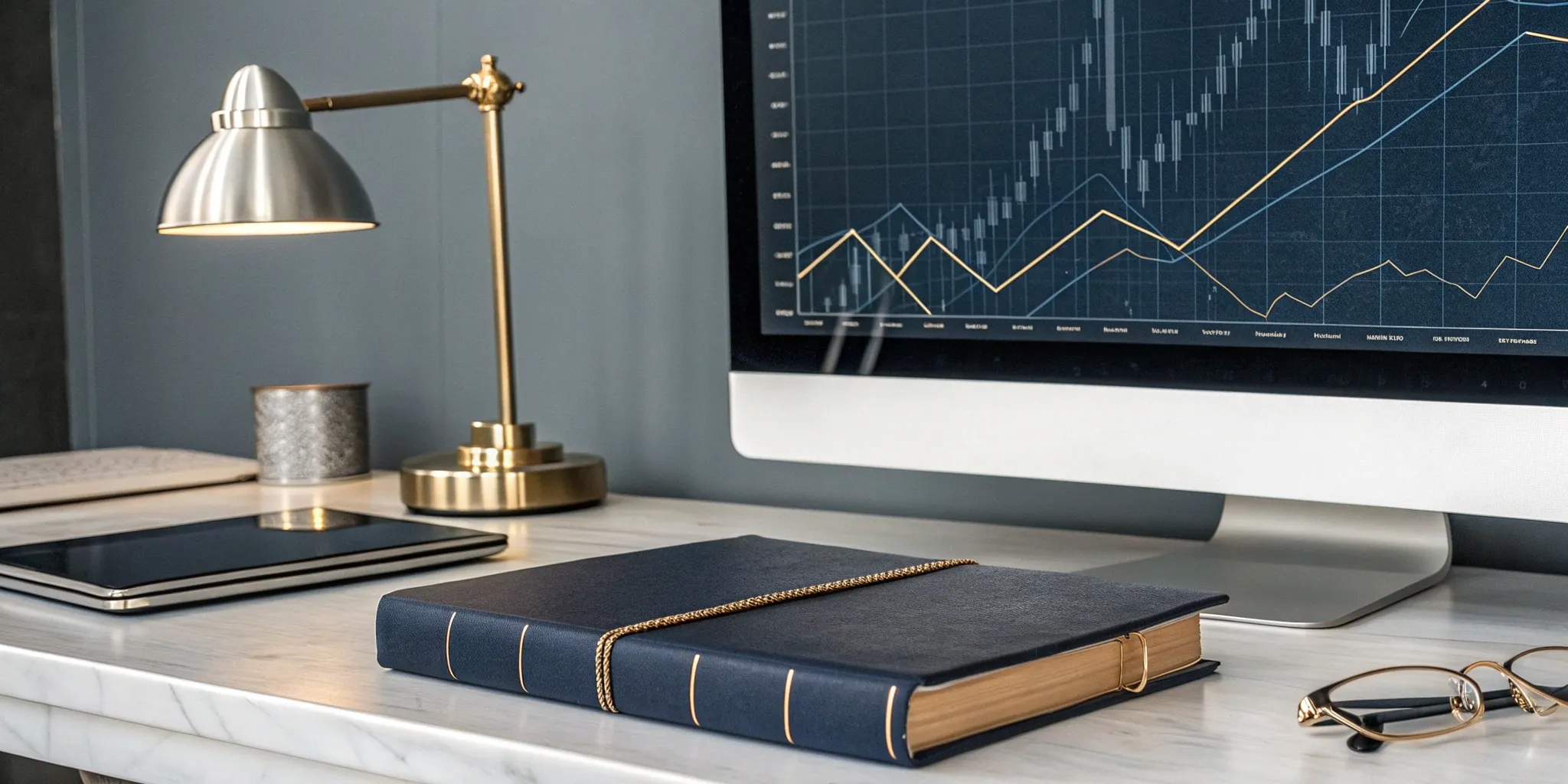 A book marketing expert's desk with a computer displaying campaign analytics for a book.