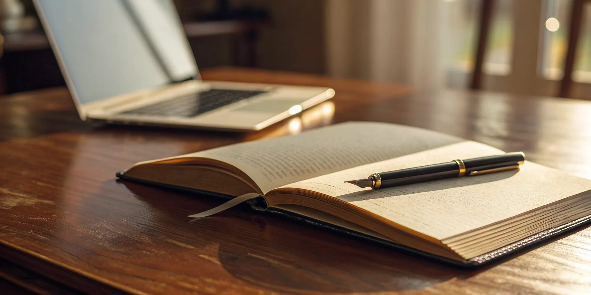 An author's desk with a laptop and book for planning a public relations campaign.