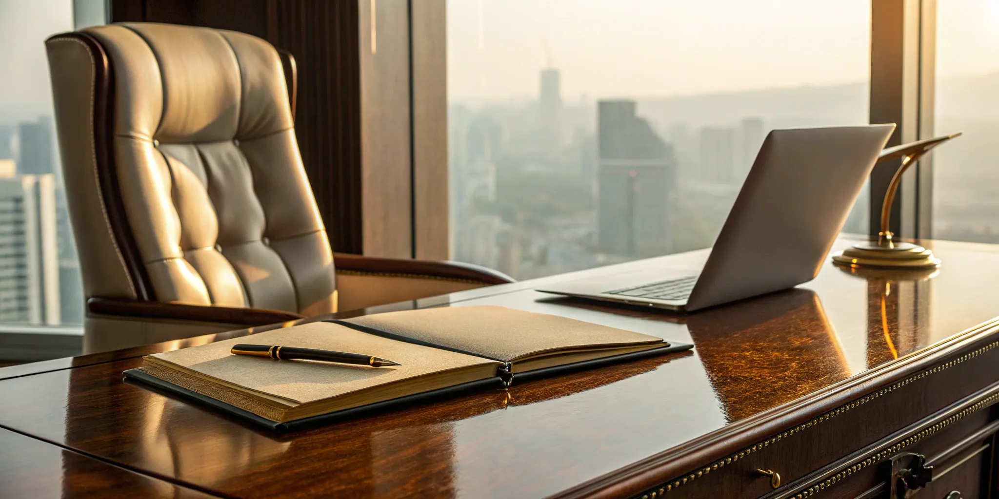An author's desk with a laptop, researching top literary PR firms for a book launch.