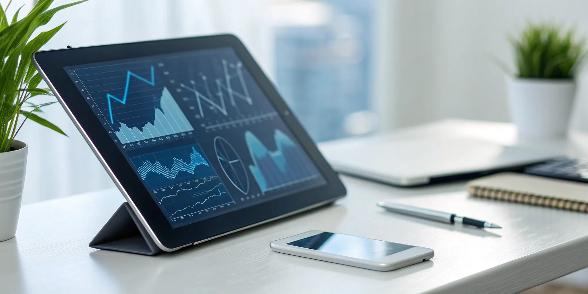 Tablet with charts and graphs used to increase a brand's online visibility.