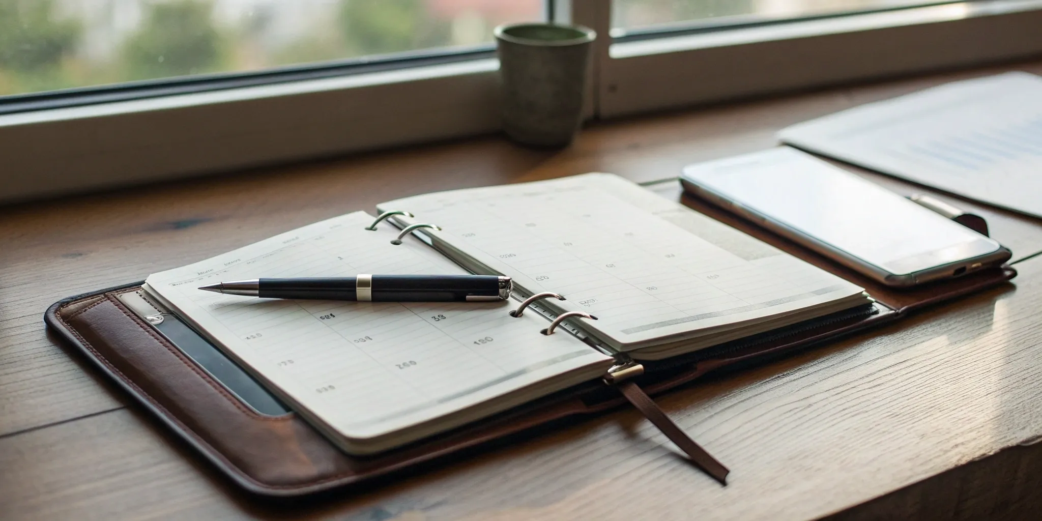 A planner and pen on a desk, outlining a PR plan for thought leaders.