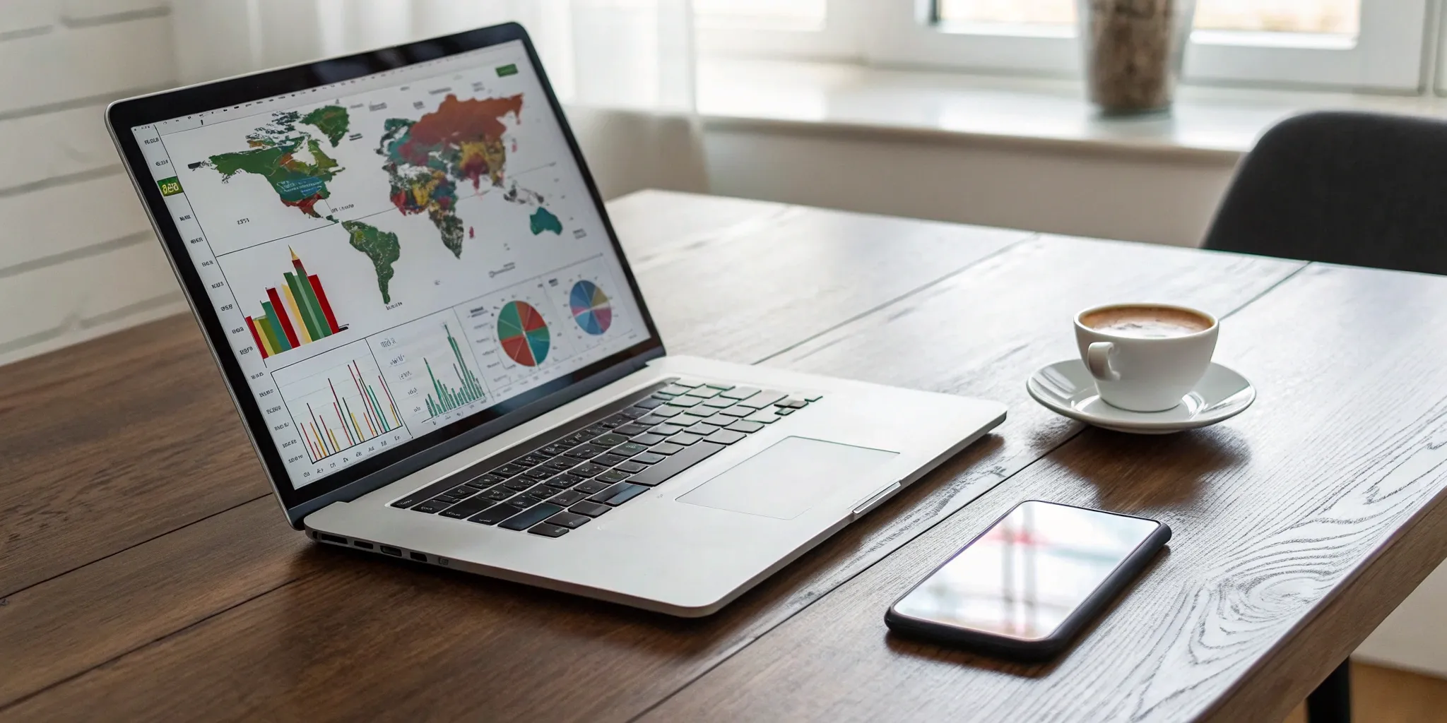 Laptop with an analytics dashboard tracking a strategic media outreach campaign.